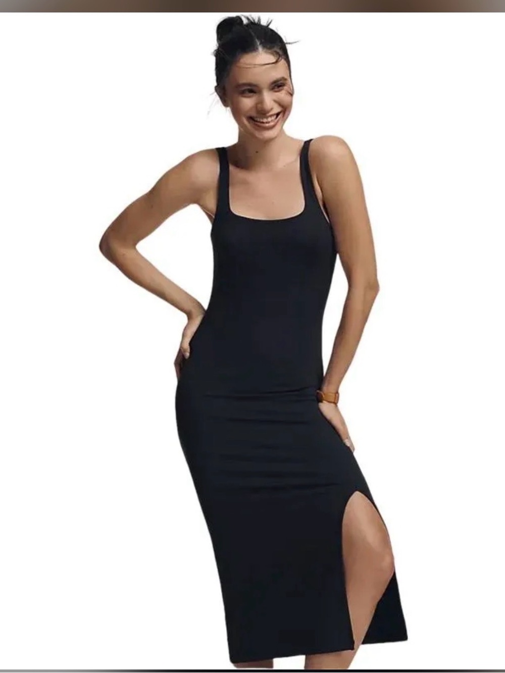 Anthropologie Black Ribbed Tank Midi Dress with Side Slit